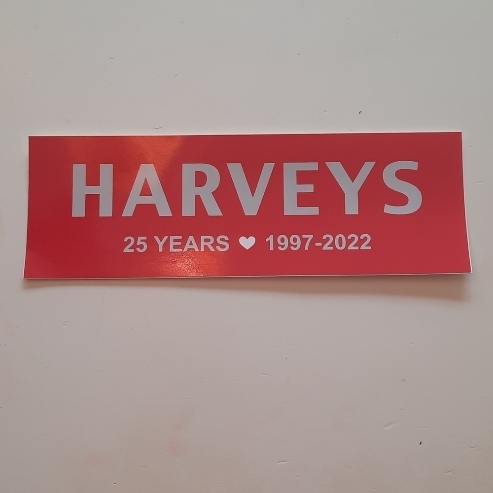 Harveys Seatbelt Bags 25 Years Anniversary Bumper Sticker